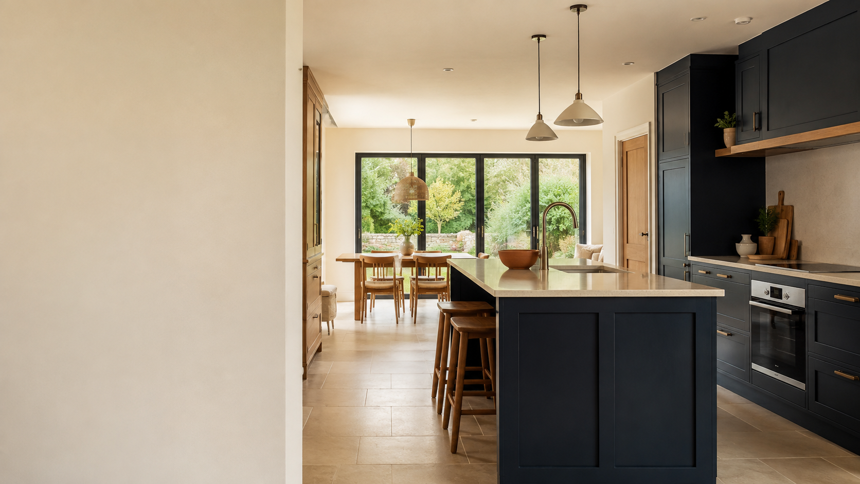 Illustrative modern kitchen with navy cabinetry, oak finishes and garden views